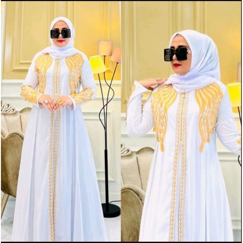 Gamis Abaya Turkey Premium Sayap Putih Bordiran Emas Sleting Depan 2 Layer Kombinasi Cantik Mewah
