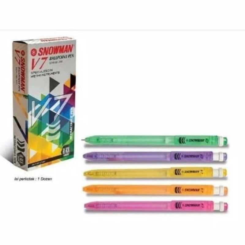 

Snowman Ballpoint Pen V7 Crystal Semi-Gel ink 0.7 mm Biru Hitam Merah - Doz isi 12 Pcs.
