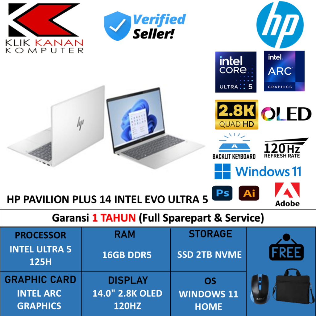 Laptop Hp Pavilion Plus 14 Intel Evo Ultra 5 125H 16GB DDR5 2TB 14.0 2.8K OLED 120HZ Win 11 Home