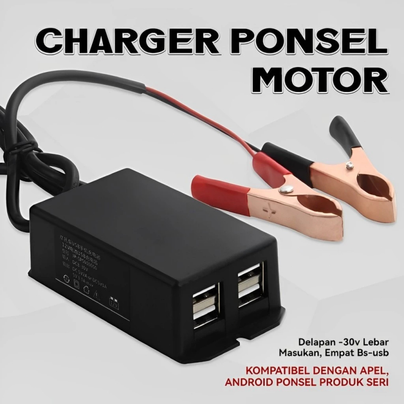 Adaptor Charger HP Darurat Pasang Ke AKI Motor Mobil Universal 4 USB Sambungan Charger Casan HP ke A
