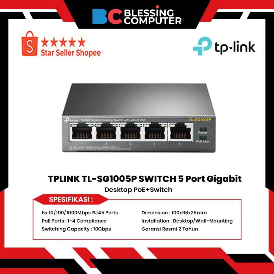 TPLINK TL-SG1005P SWITCH 5 Port Gigabit Desktop PoE + Switch