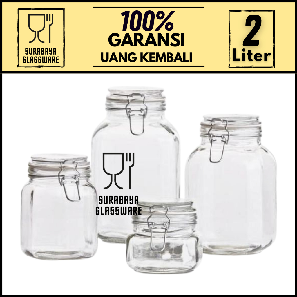 TOPLES KACA KEDAP UDARA 2 LITER TOPLES BOTOL TEMPAT MAKANAN STAINLESS BESI KACA POLOS UNIK CANTIK AE