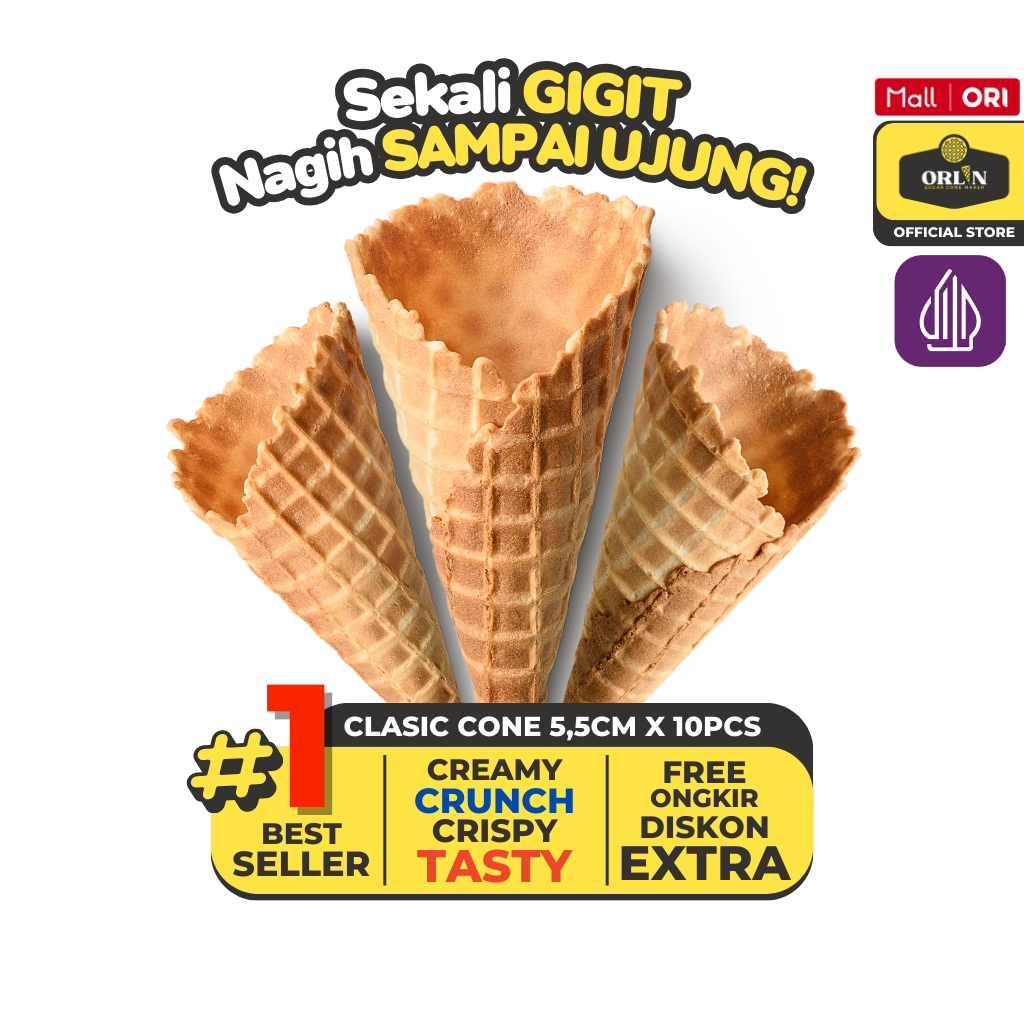 

ORLIN Cone Es krim Waffle Clasic 5,5cm x 13,5cm isi 10pcs Sekali Gigit, Nagih Sampai Ujung