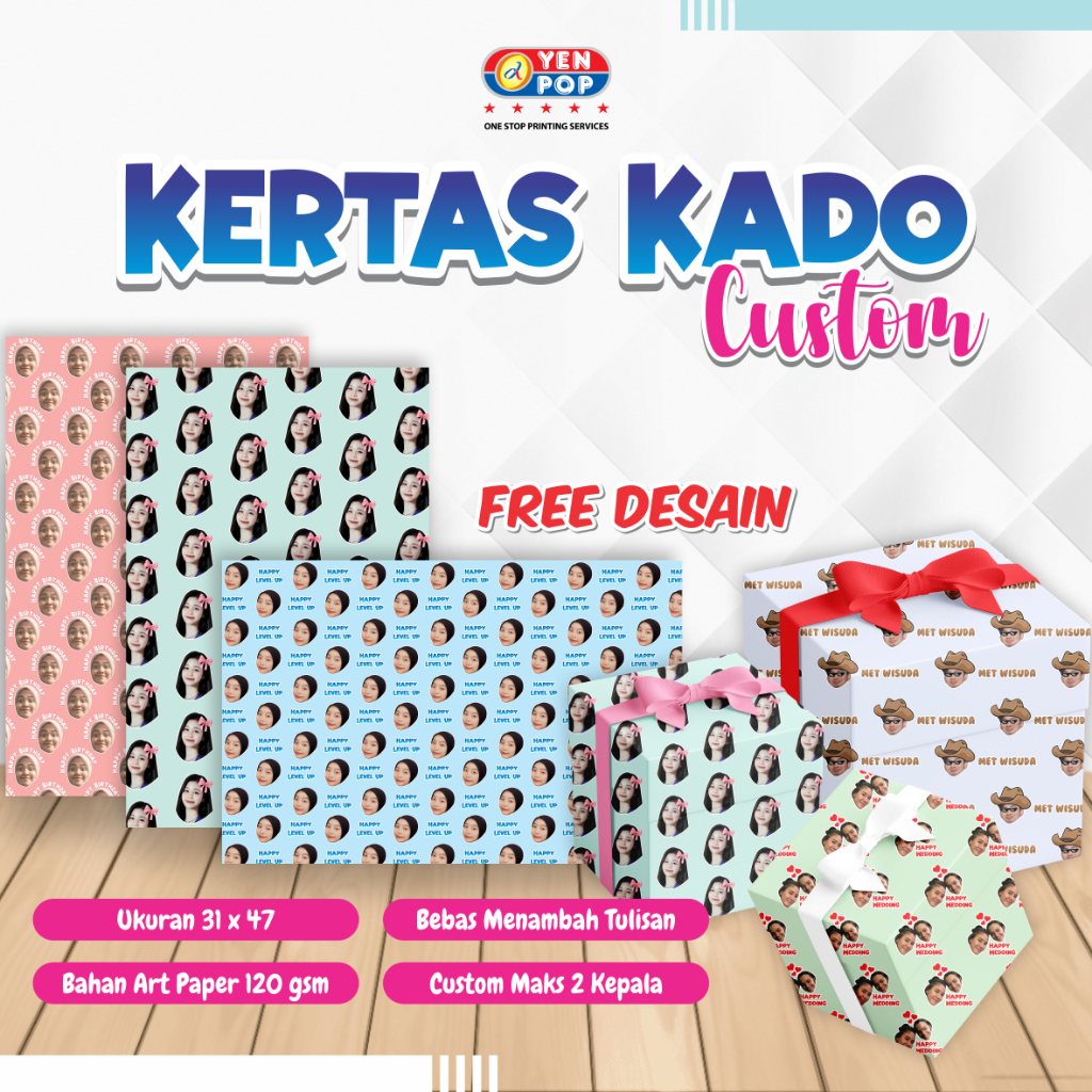 

KERTAS KADO CUSTOM UKURAN 31 X 47 CM ( 1 PAKET ISI 3 LEMBAR) / CUSTOM KERTAS KADO / WRAPING PAPER GAMBAR MUKA