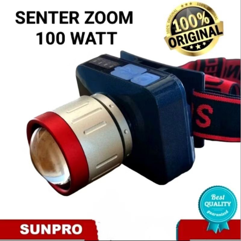 sunpro s-8126 senter kepala zoom cahaya putih 100watt
