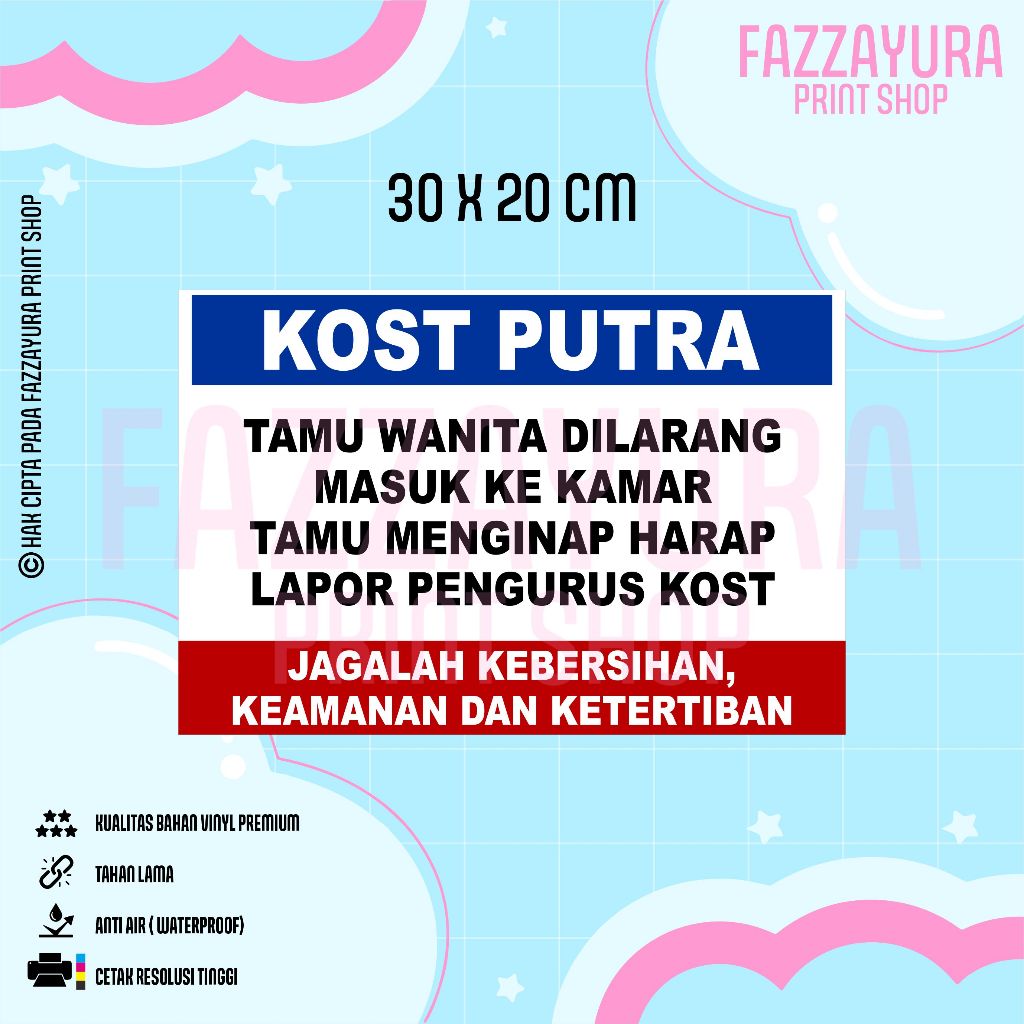 

STICKER PERATURAN KOST PUTRA TAMU WANITA DILARANG MASUK KE KAMAR 30 X 20 CM