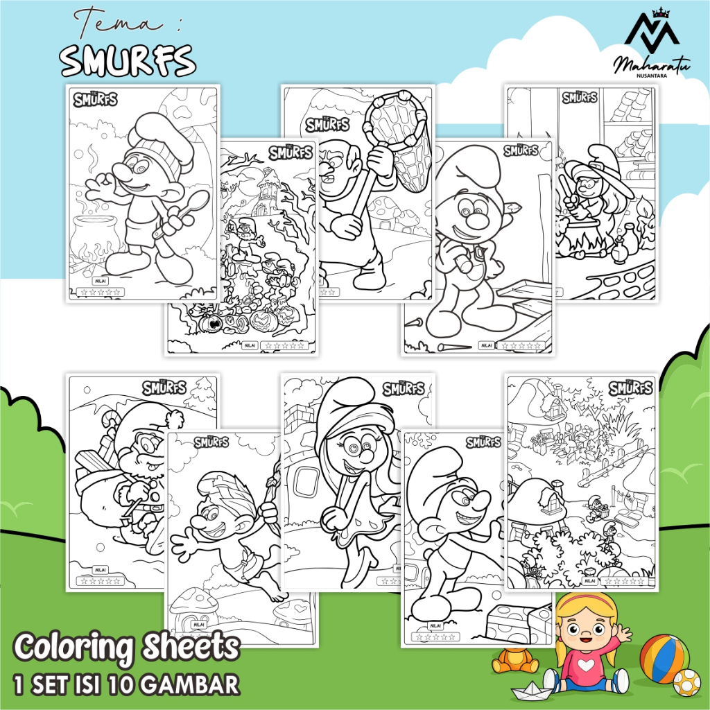 

[TEMA SMURFS] KERTAS GAMBAR UNTUK ANAK - LEMBAR MEWARNAI ANAK 1 SET ISI 10 LEMBAR GAMBAR - COLORING SHEETS FOR KIDS