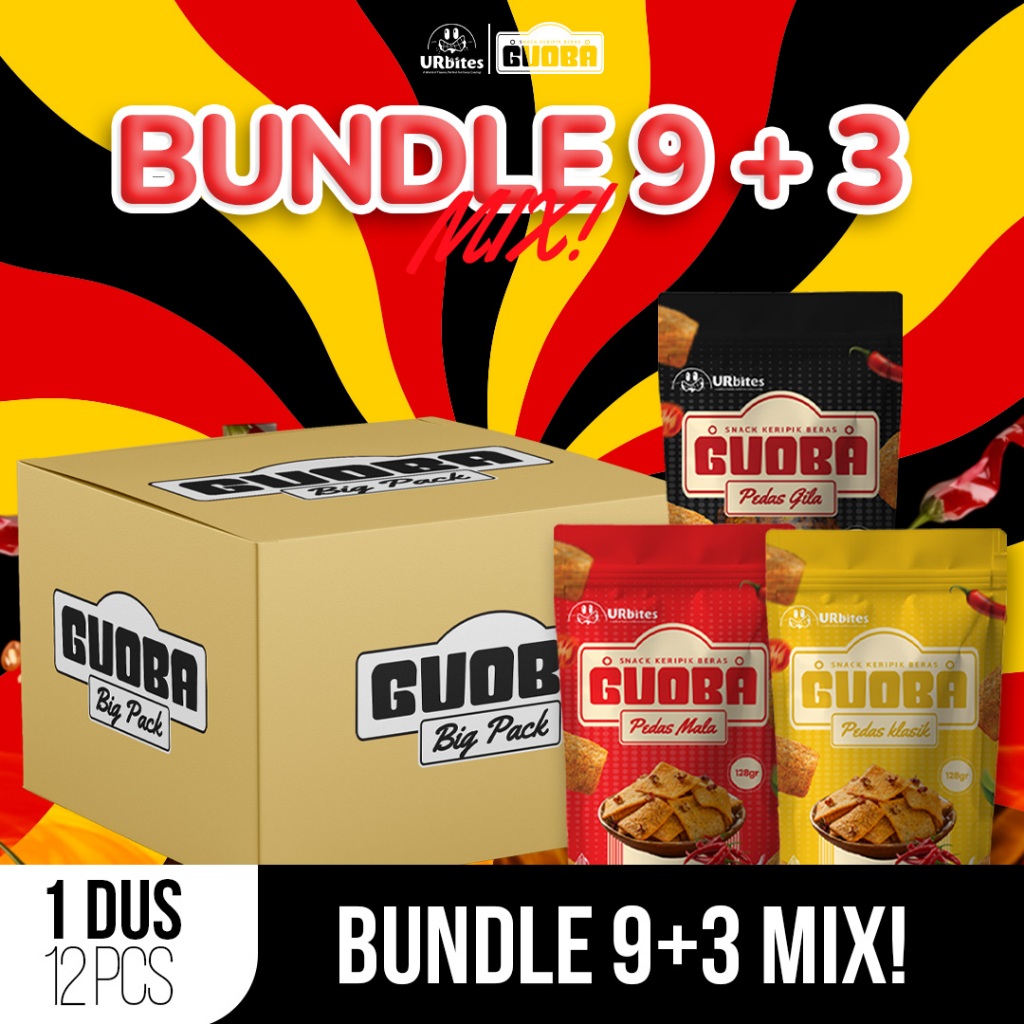 

KERIPIK GUOBA - PAKET USAHA LUSINAN (DUS) Bundle 9 [Free 3Pcs] All Variant (Pedas Gila , Pedas Klassik, Pedas Mala)