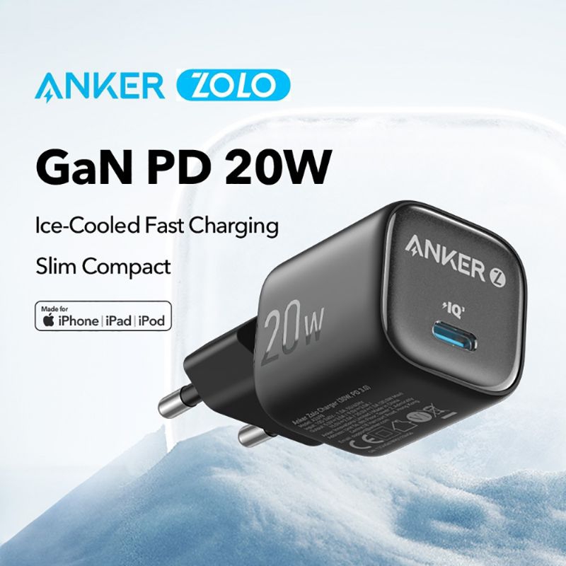 Adaptor kepala charger iphone Anker Zolo GaN 20W Type-C output fast charging original