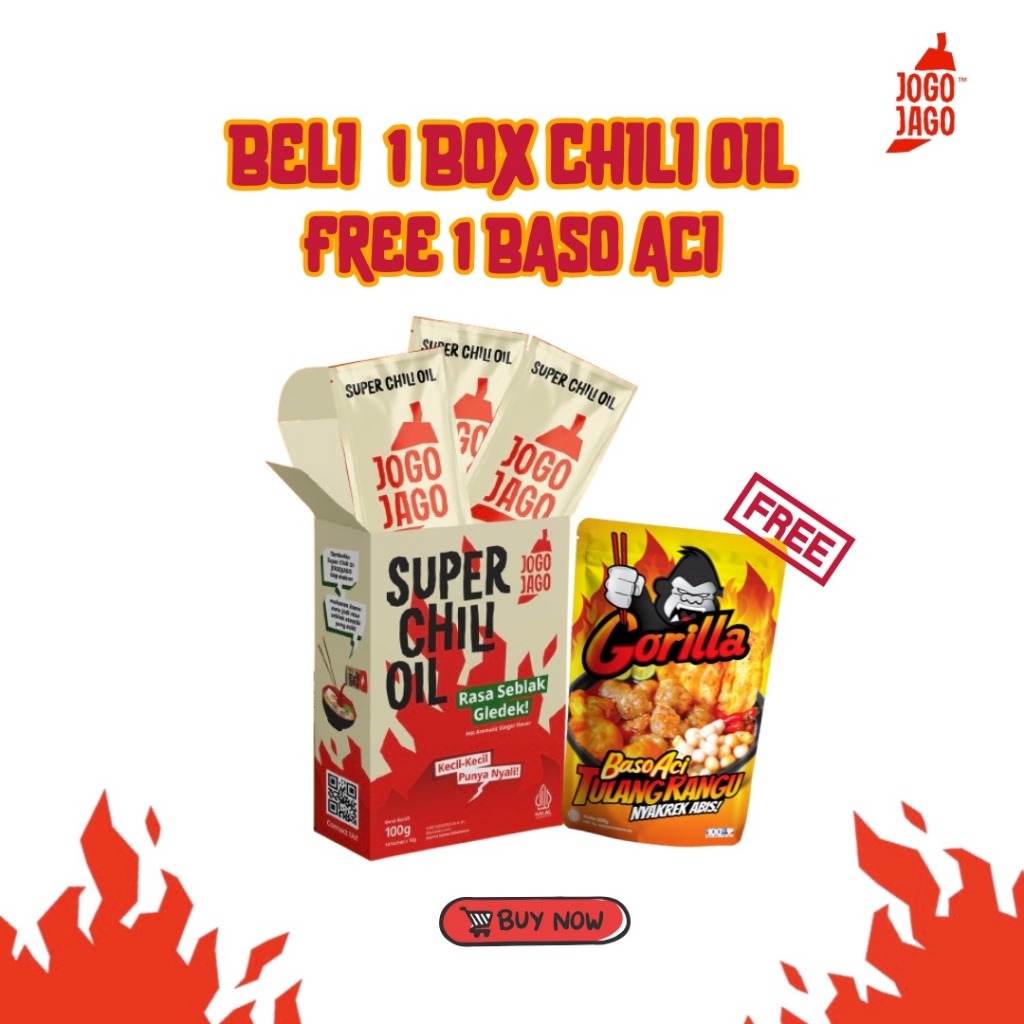 

Super Chili Oil JOGOJAGO 1 BOX Isi 10 Gratis Baso Aci Tulang Rangu