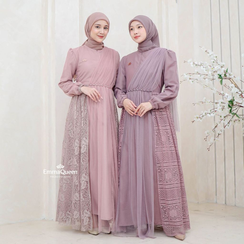 EmmaQueen - Dress Heidy gamis terbaru 2026 model terbaru Katun Kombinasi Tile Brukat mix Mutiara XS/
