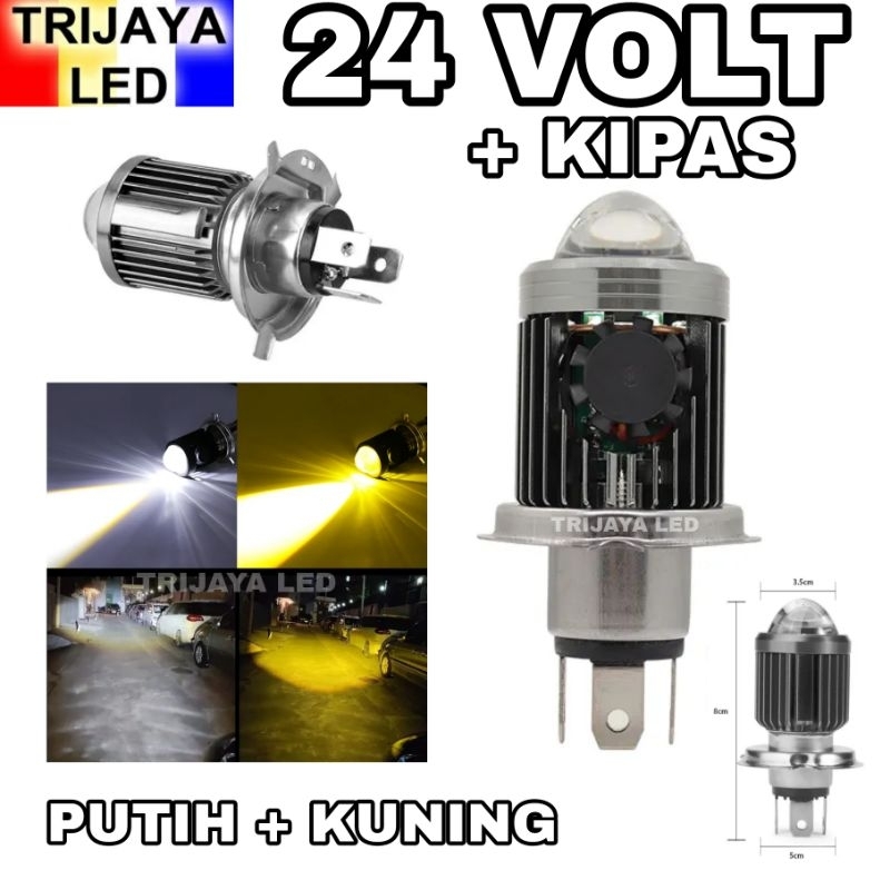 Lampu LED Utama Depan 24 Volt H4 Kipas Pendingin Laser Gun High Low 2 Warna Putih Kuning D3 Truk Bus