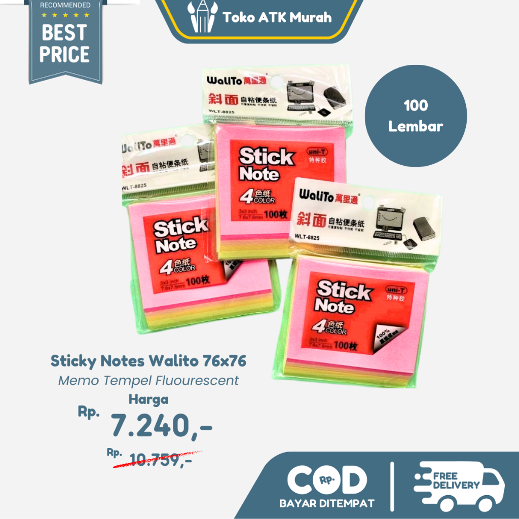 

Memo Tempel Fluourescent Sticky Notes Walito 76x76 WLT-8825 100 Lembar