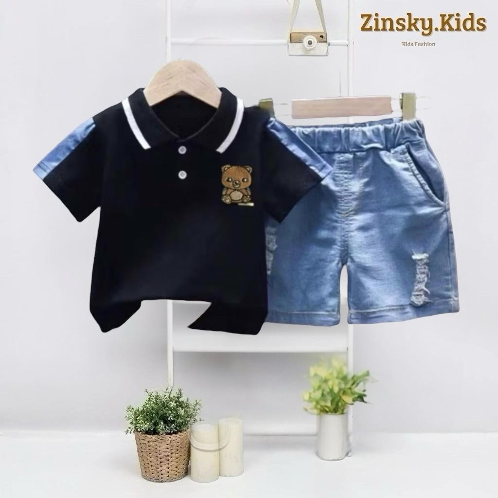 Zinsky Kids Kaos Polo Anak Hitam dan Celana Pendek Denim Anak Usia 1-5 Tahun Pakaian Anak Laki-laki 