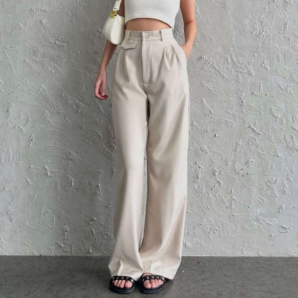 Celana Kerja Wanita Highwaist Kulot Anti Kusut Loose Pants Trouser Basic Korean Style