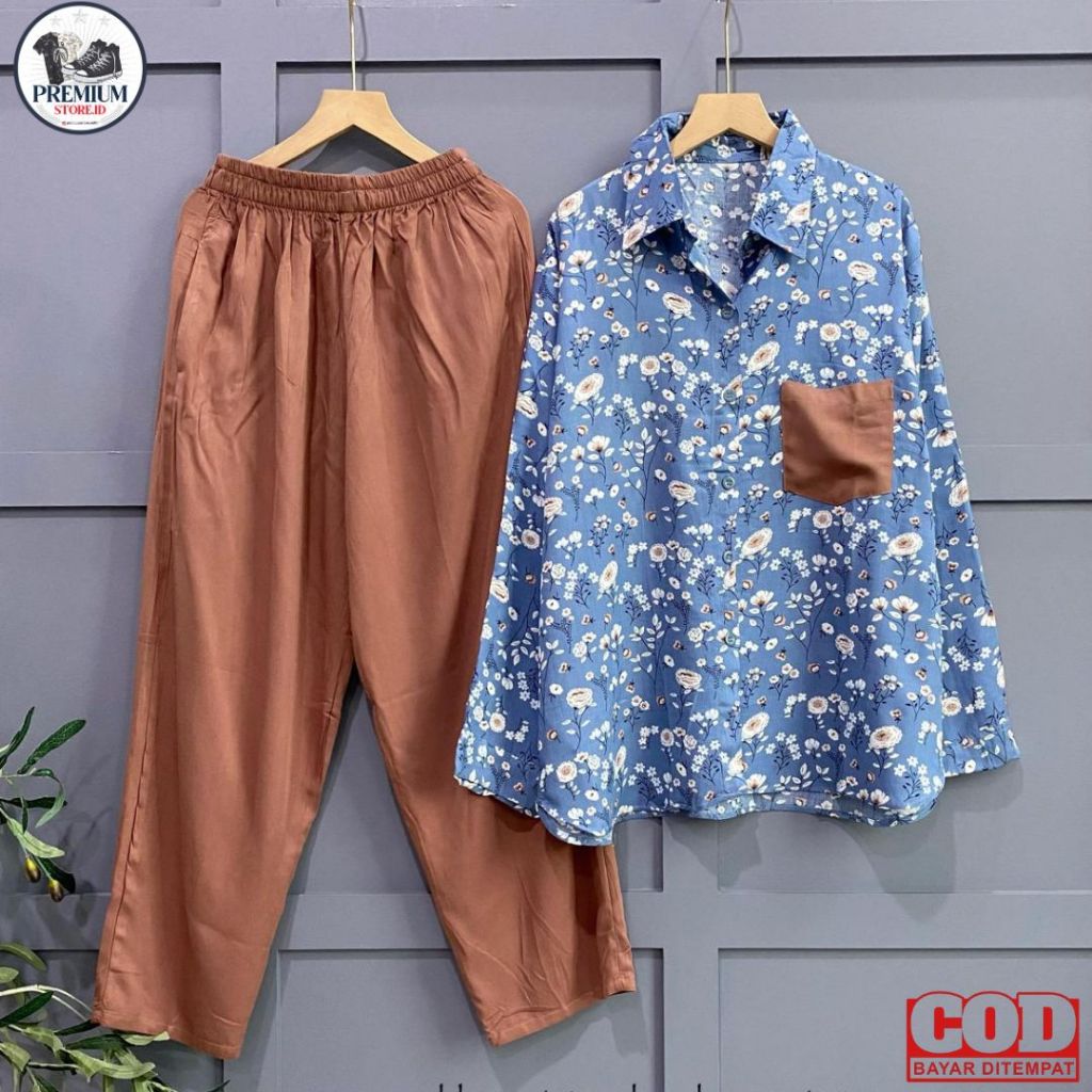 PremiumStore.Outfit - Setelan Wanita Katun Rayon Floral Biru & Celana Coklat | Nyaman Dipakai Sehari