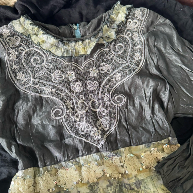 Ghania Dress Gamis Wanita Grey Bordir payet depan pinggang flower flowy mayung bunga lengan panjang 