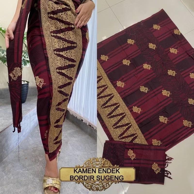 Kamen Lembaran Endek Katun Bordir Tumpal Pucuk Set Selendang