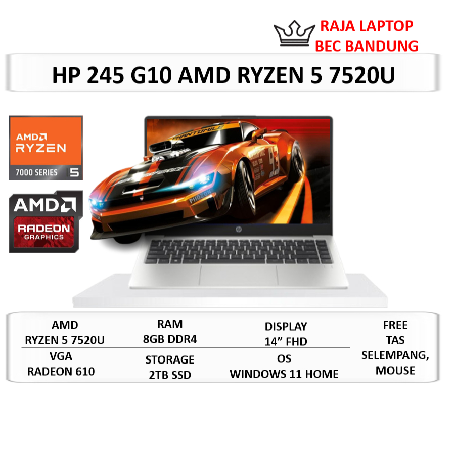 Laptop Terbaru HP Ryzen 5 7520U Ram 8GB SSD 2TB 14" FHD Windows 11 Home Slim Murah