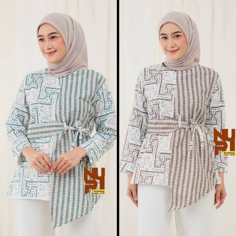 Baju Batik Wanita Remaja Modern Lengan Panjang Kerja Kantor Tali Samping