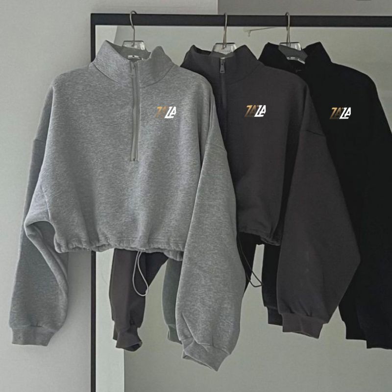 ZAZA SWEATER CROP HALF ZIP KERAH OVERSIZE M-6XL JUMBO BIG SIZE  BAHAN FLEECE PREMIUM CASUAL