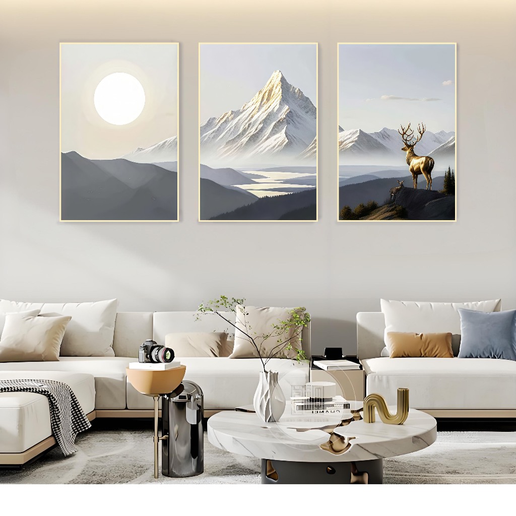 Lukisan Dinding Minimalis Motif Rusa Emas Biru Dekorasi Modern untuk Ruang Tamu Elegan