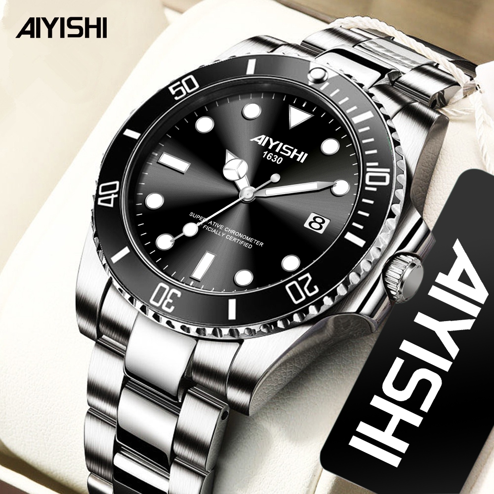 AIYISHI Jam Tangan Pria 1630 Anti Air Original Kalender Kuarsa Tali Stainless Steel Bercahaya Jam Ta