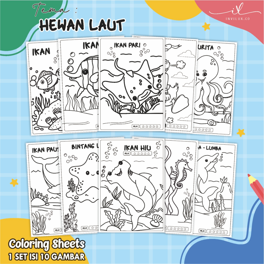 

[A4 - HEWAN LAUT] KERTAS GAMBAR UNTUK ANAK - LEMBAR MEWARNAI ANAK 1 SET ISI 10 LEMBAR GAMBAR