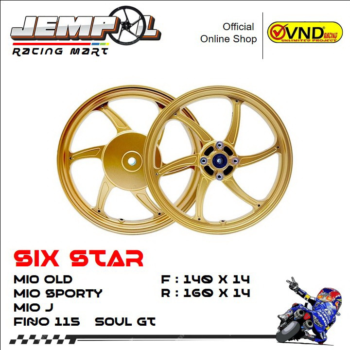 VND Velg Racing Six Star 140x14 & 160x14 - Mio Sporty/ Mio Old/ Mio J/ Fino 115/ Soul GT