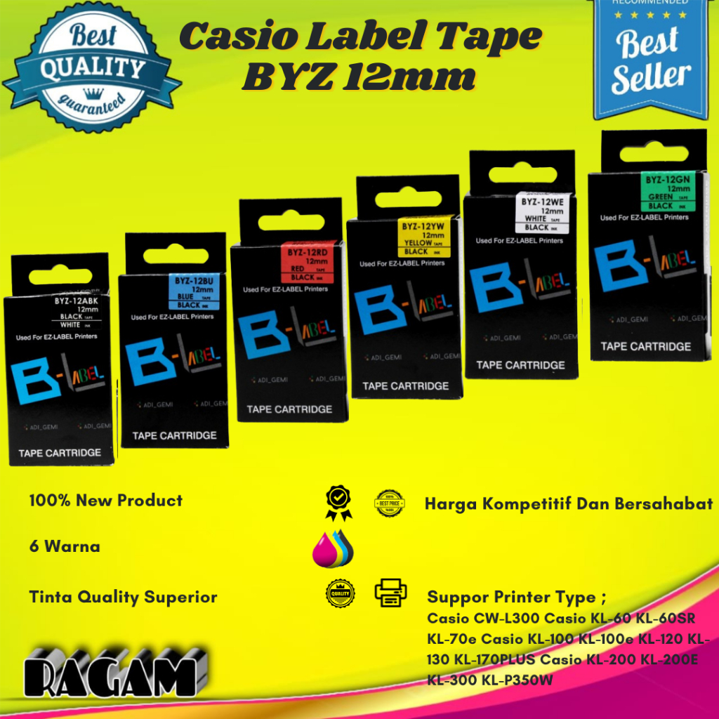 

Compatible Label Tape Casio BYZ 12ABK, BYZ 12BU, BYZ 12YW, BYZ 12RD, BYZ 12WE, BYZ 12GN 1Paket ( 6PCS )
