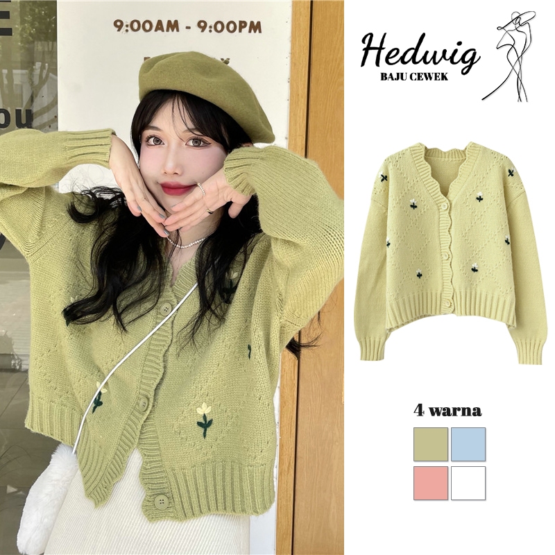 Cardigan Crop Rajut Motif Bunga Lengan Panjang Outer Knitwear Wanita