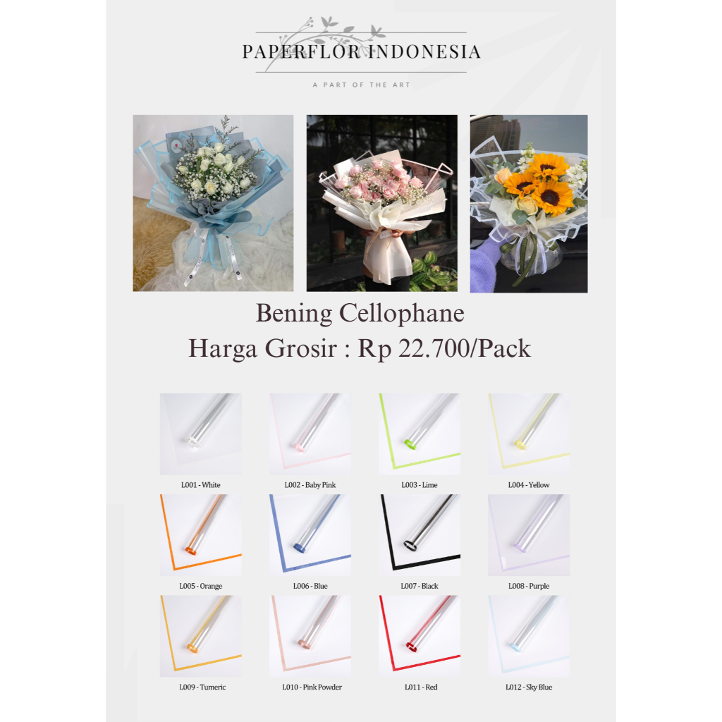 

(20 LEMBAR) BENING LIST COLOR CELLOPHANE - KERTAS WRAP PEMBUNGKUS BUNGA - PAPERFLOR INDONESIA