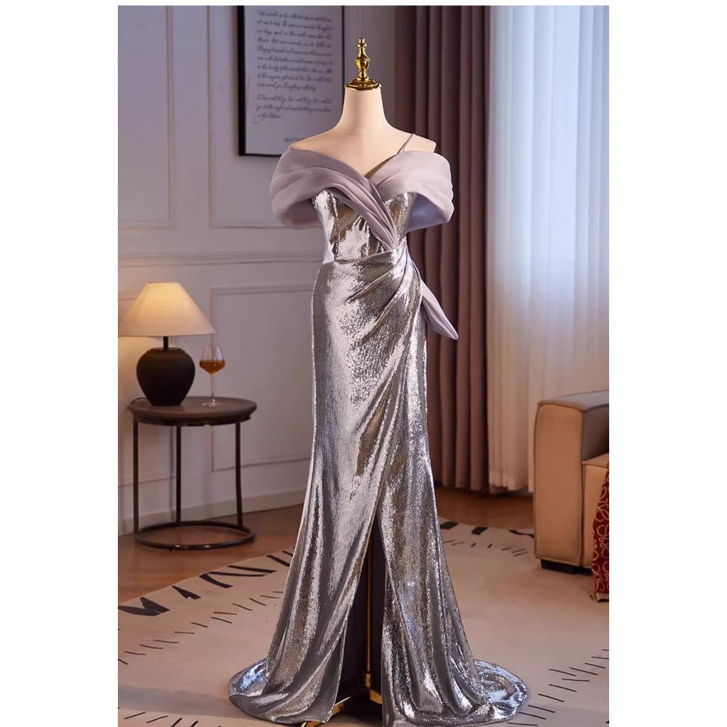 Gaun Pesta 2504003 Abu Silver Sabrina Mermaid Ekor Party Dress