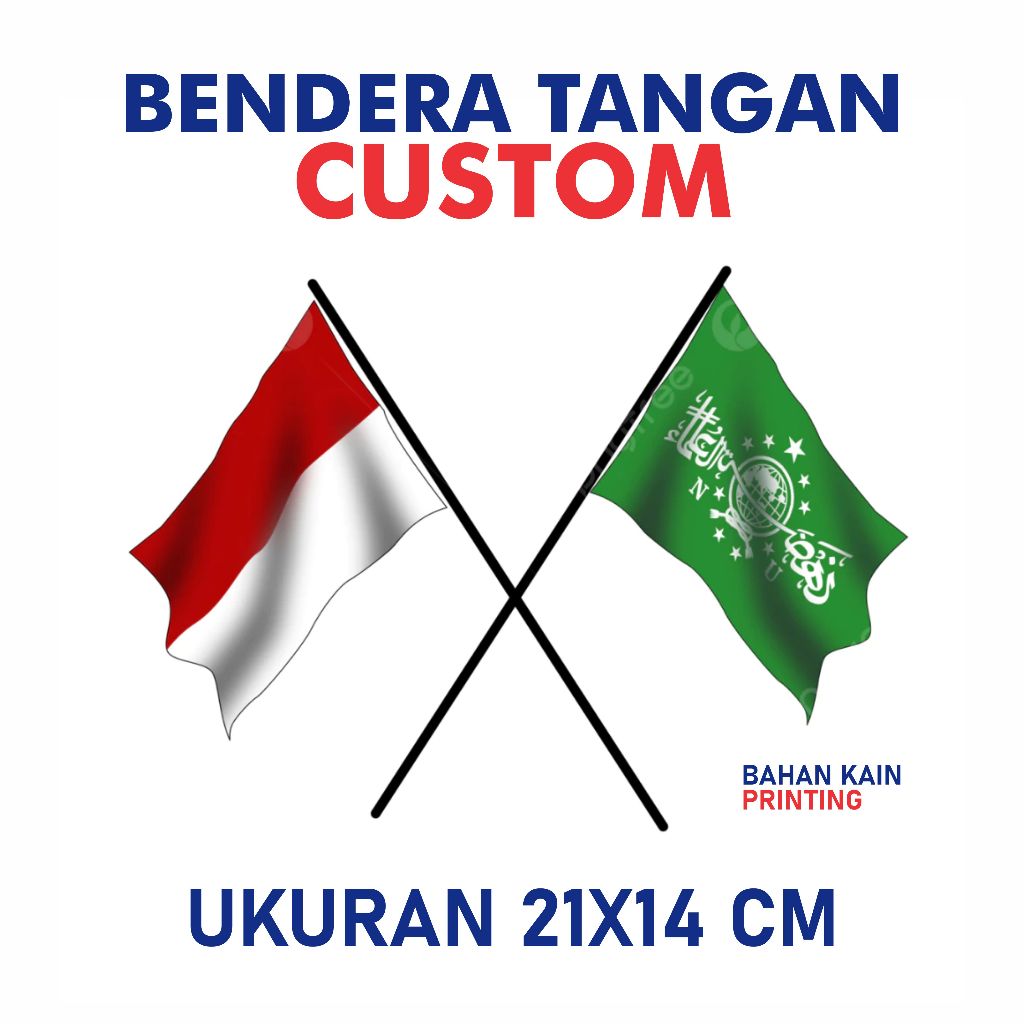 Bendera Tangan NU Custom Nama dan Logo Bahan Kain Ukuran 20x14 Cm
