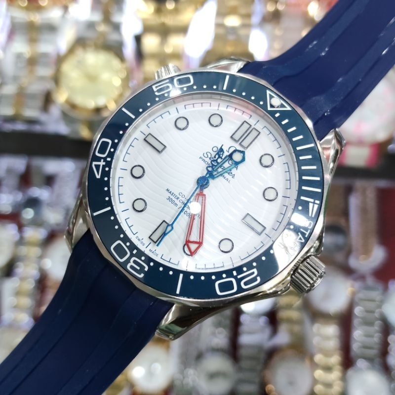OmegaSeamaster007 Blue White, Jam Tangan Pria Automatic Strap Rubber