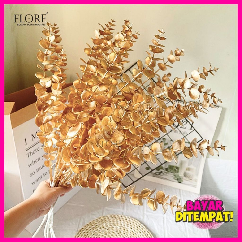 daun dollar gold artificial dollar Panjang Cabang 5 daun Eucalyptus Golden Emas