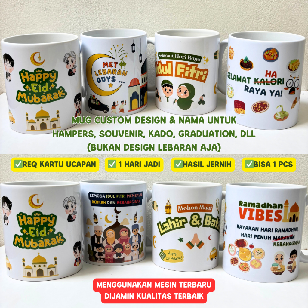 [CUSTOM] MUG GELAS MINUM CUSTOM KADO SOUVENIR HAMPERS NAMA GAMBAR DESIGN LEBARAN GRADUATION