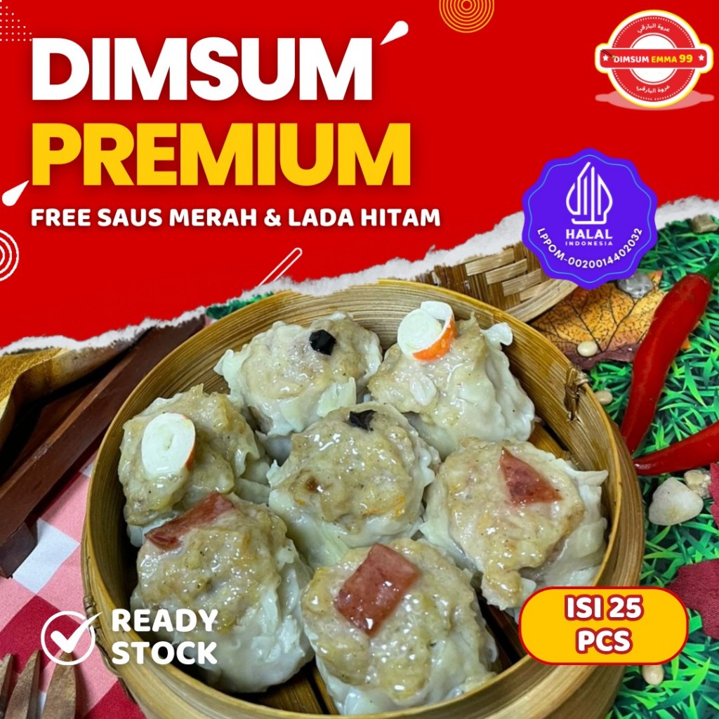 

Dimsum Ayam Premium isi 25 Frozen Free Saus Merah & Lada Hitam
