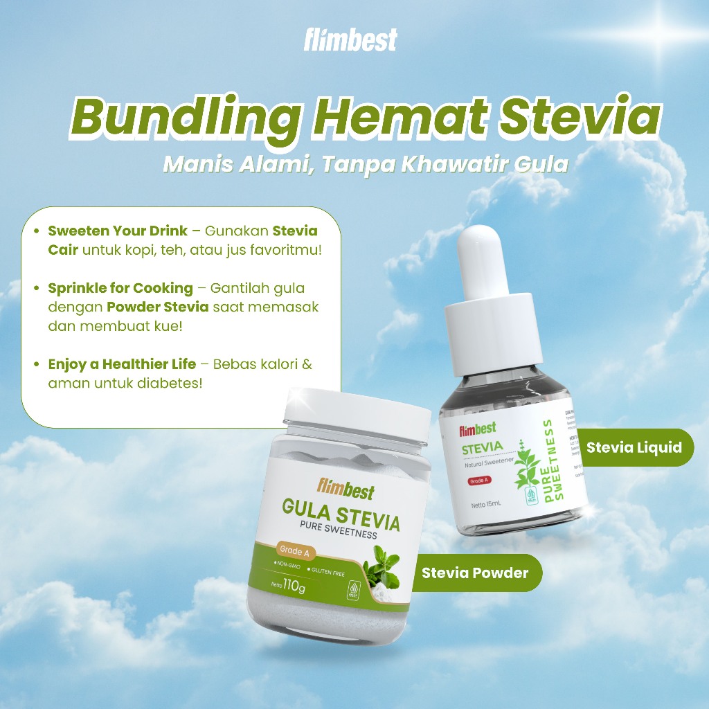

Flimbest Gula Stevia Original Pemanis Alami - Grade A (Premium Quality) Liquid 15ML & Stevia Bubuk 110Gram Pure Sweetness ORIGINAL Zero Kalori Bebas Gula 0 Gr Sugar BPOM HALAL