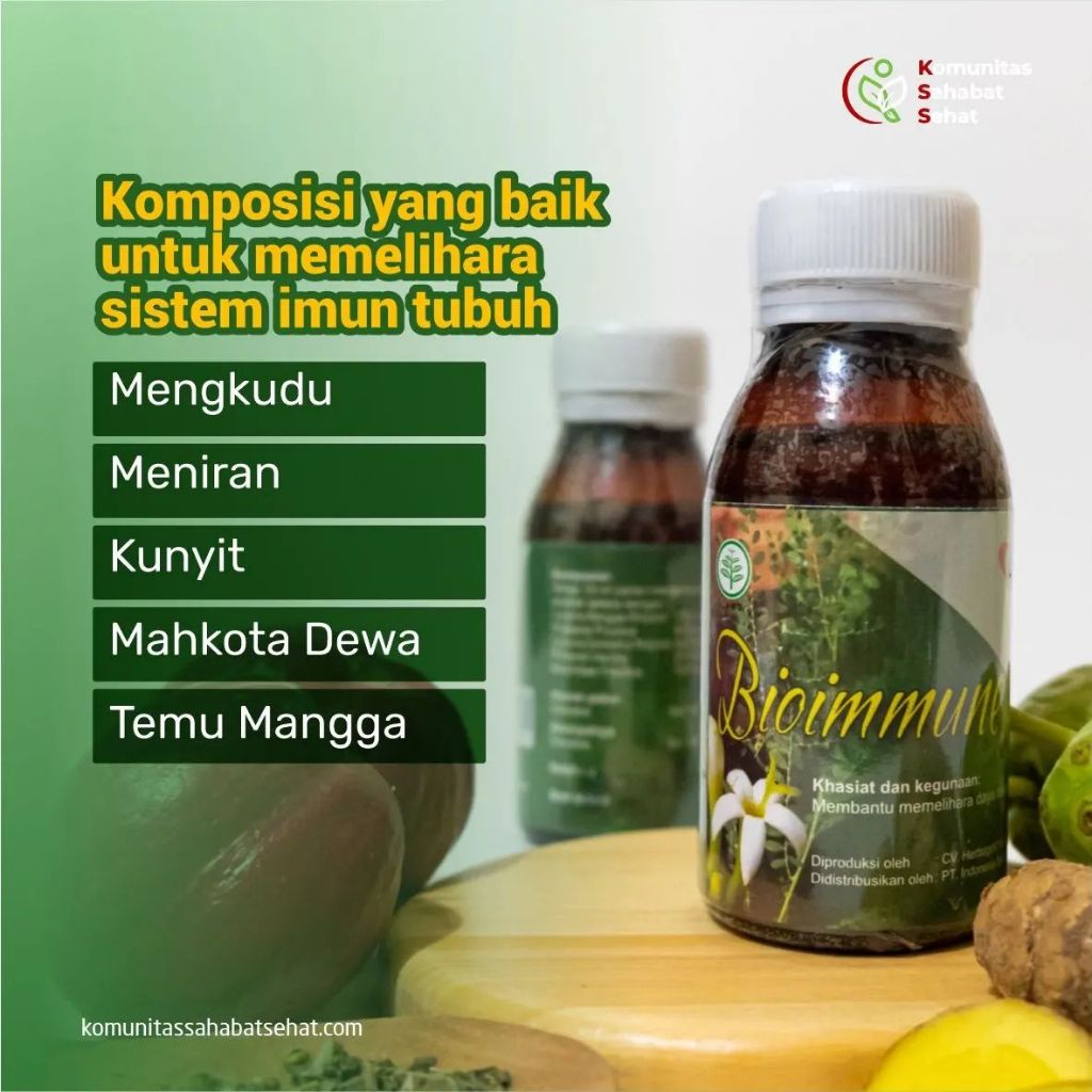 

BIOIMMUNE, Herbal Imunitas Untuk Anak. Membantu memelihara daya tahan tubuh anak terbuat dari bahan herbal alami seperti kunyit, meniran, mengkudu, mahkota dewa, dan temu mangga.