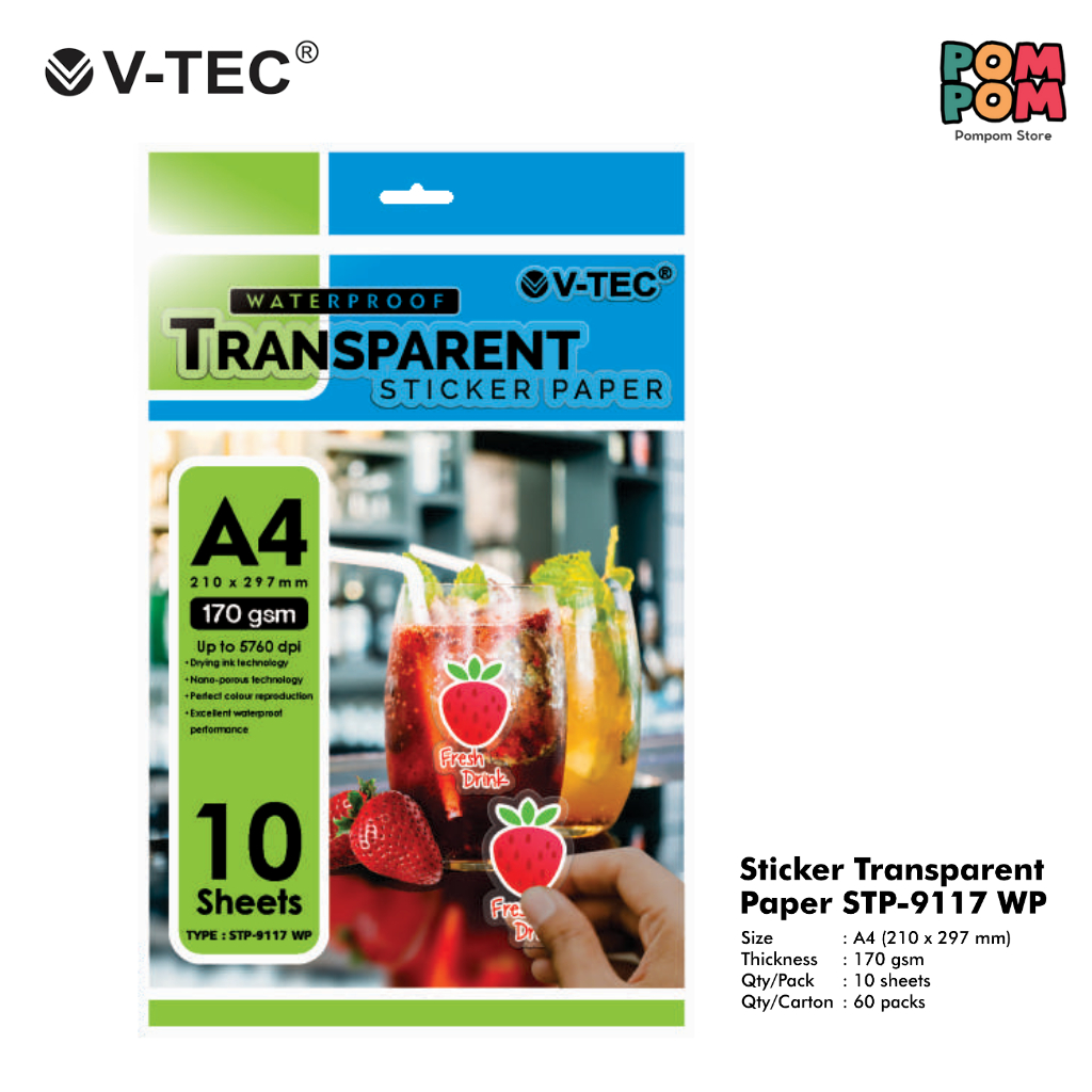 

Sticker Paper Transparent Waterproof A4 V-Tec 10 Sheets 170 Gsm STP-9117 WP