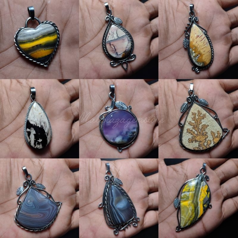 liontin batu akik campur asli natural ring monel handmade / liontin batu akik bermotif