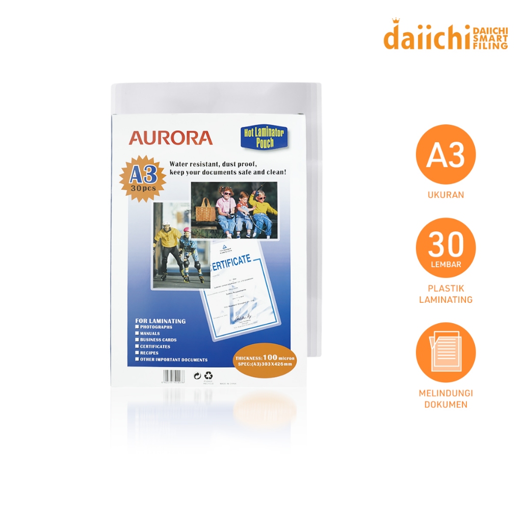 

daiichi x Aurora Plastik Laminating Ukuran A3 30 PCS Laminator Pouch Tebal 100 micron 430P100