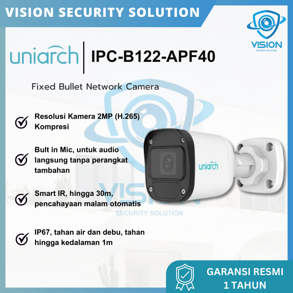 Cctv Uniarch by UNV IPC-B122-APF40 2MP Kamera Cctv IP Outdoor H.265 Audio Smart CCTV Outdoor