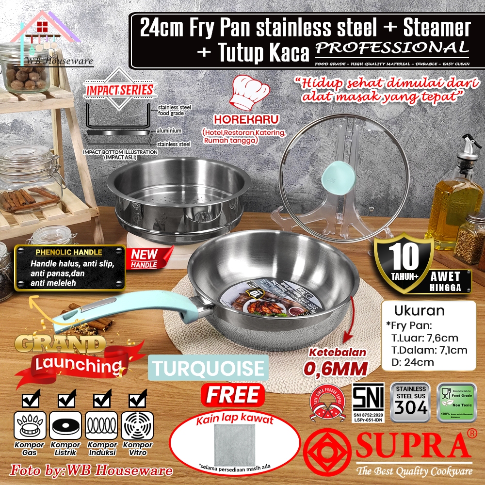 SUPRA Panci fry pan set 24cm + steamer + tutup kaca turquoise stainless steel SUS 304 professional c