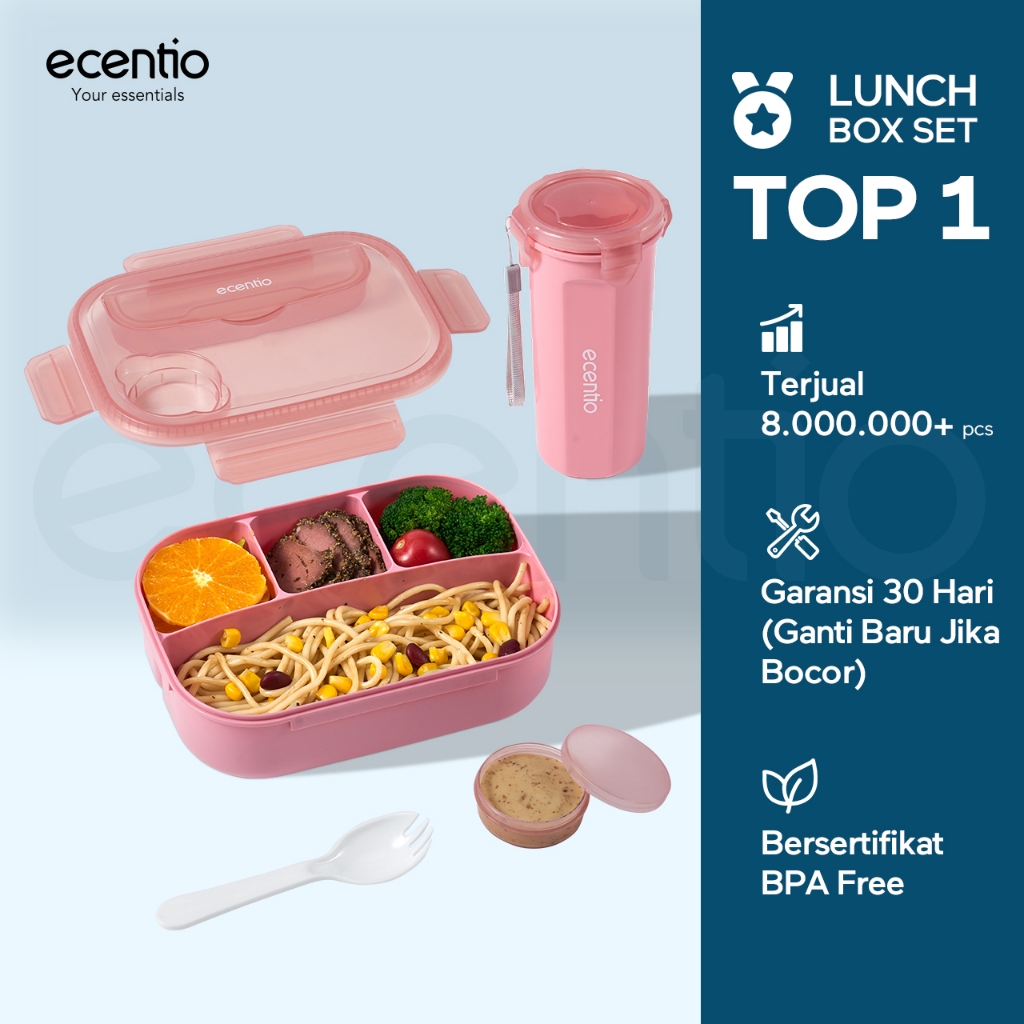 Bekal Makan SetEcentio 1200Ml Lunch Box Set 4 Grid Anti Bocor Tempat Bekal Makan Dan Tempat Minum