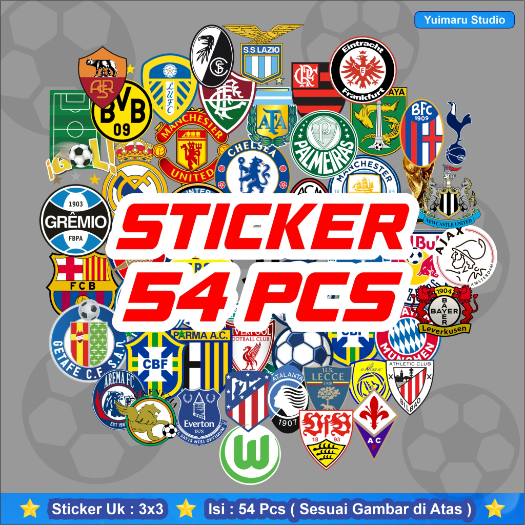 

STICKER 1 Pack Sepak Bola Isi 54 Pcs, Hiasan Casing Hp. Laptop & Dll , Bahan Berkualitas. Aesthetic