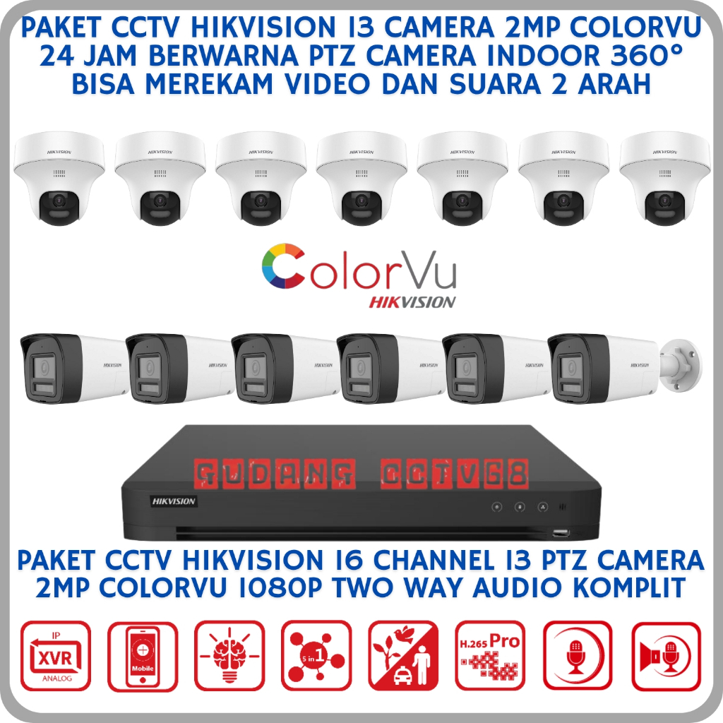 Paket CCTV Hikvision 16 Channel 13 Camera 2mp Colorvu 1080p Two Way Audio Series CCTV Suara 2 Arah