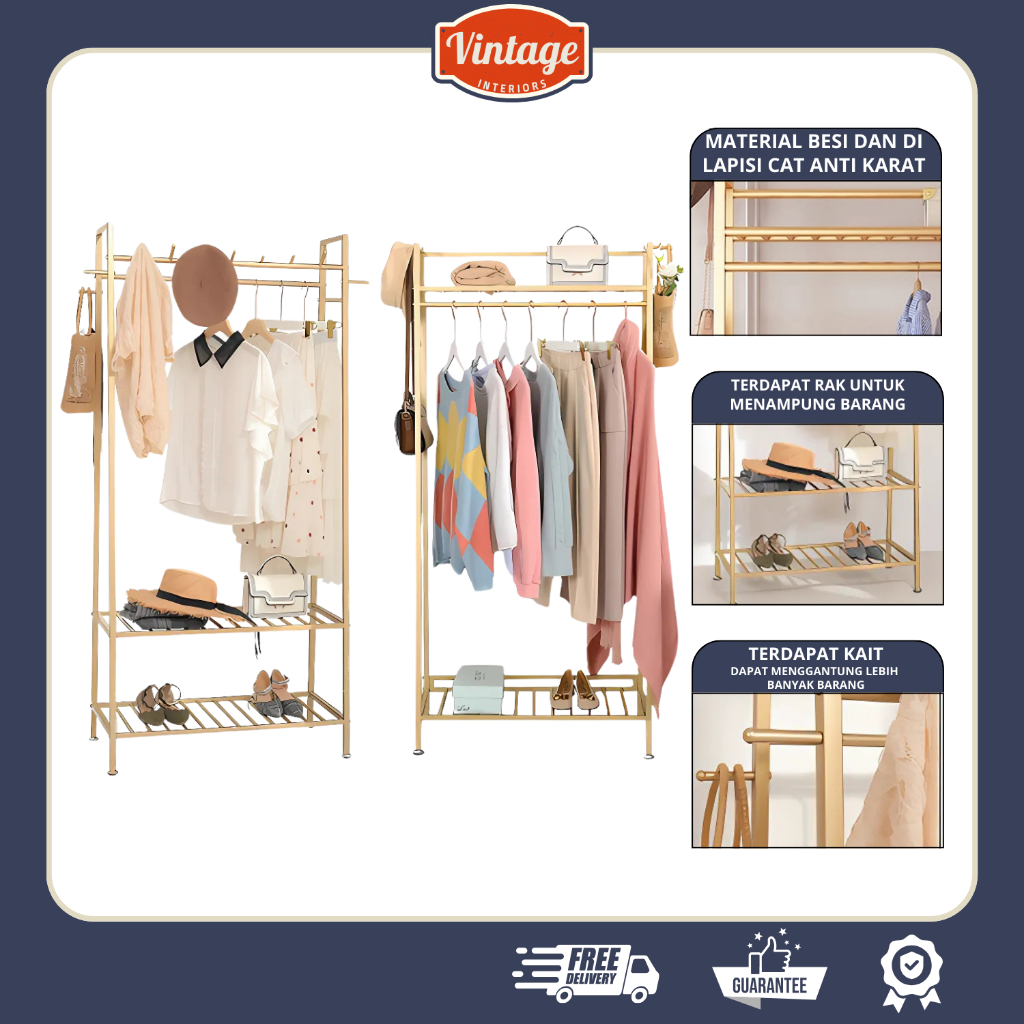 Gantungan Baju Serbaguna Rak Sepatu Rak Baju Stand Hanger Besi - 2 Susun atau 1 Susun Besi Gold