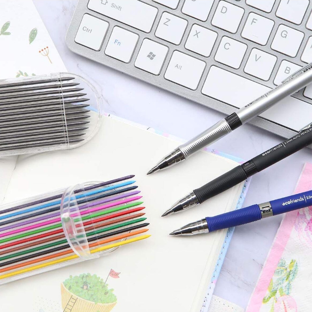D3W [COD] Set Pensil Mekanik 2,0 mm Pensil Siswa Otomatis 2B Isi Pensil Warna/Abu-abu Pena Sekolah